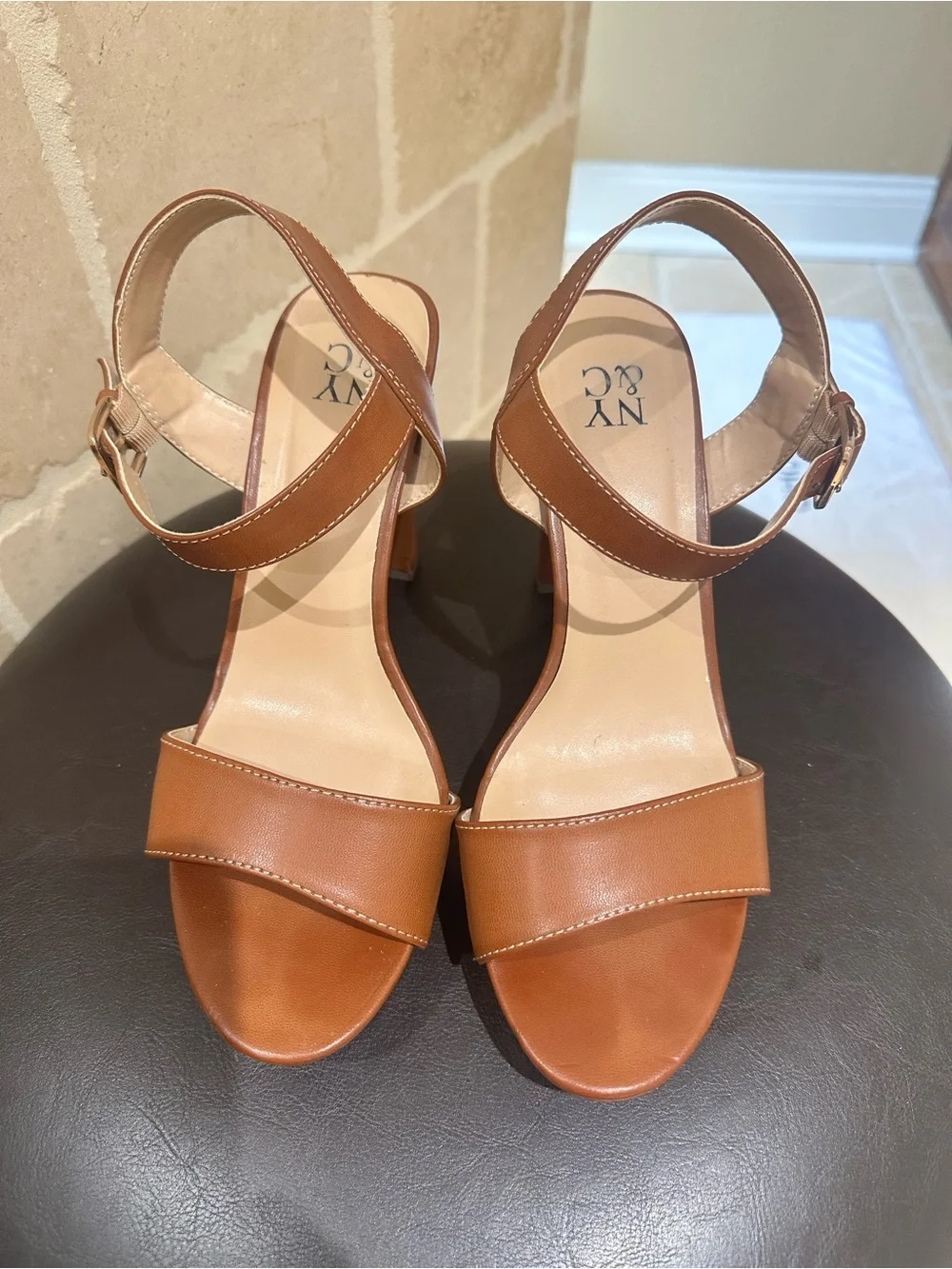 New York & Company Tan Platform Block Heel Sandals
